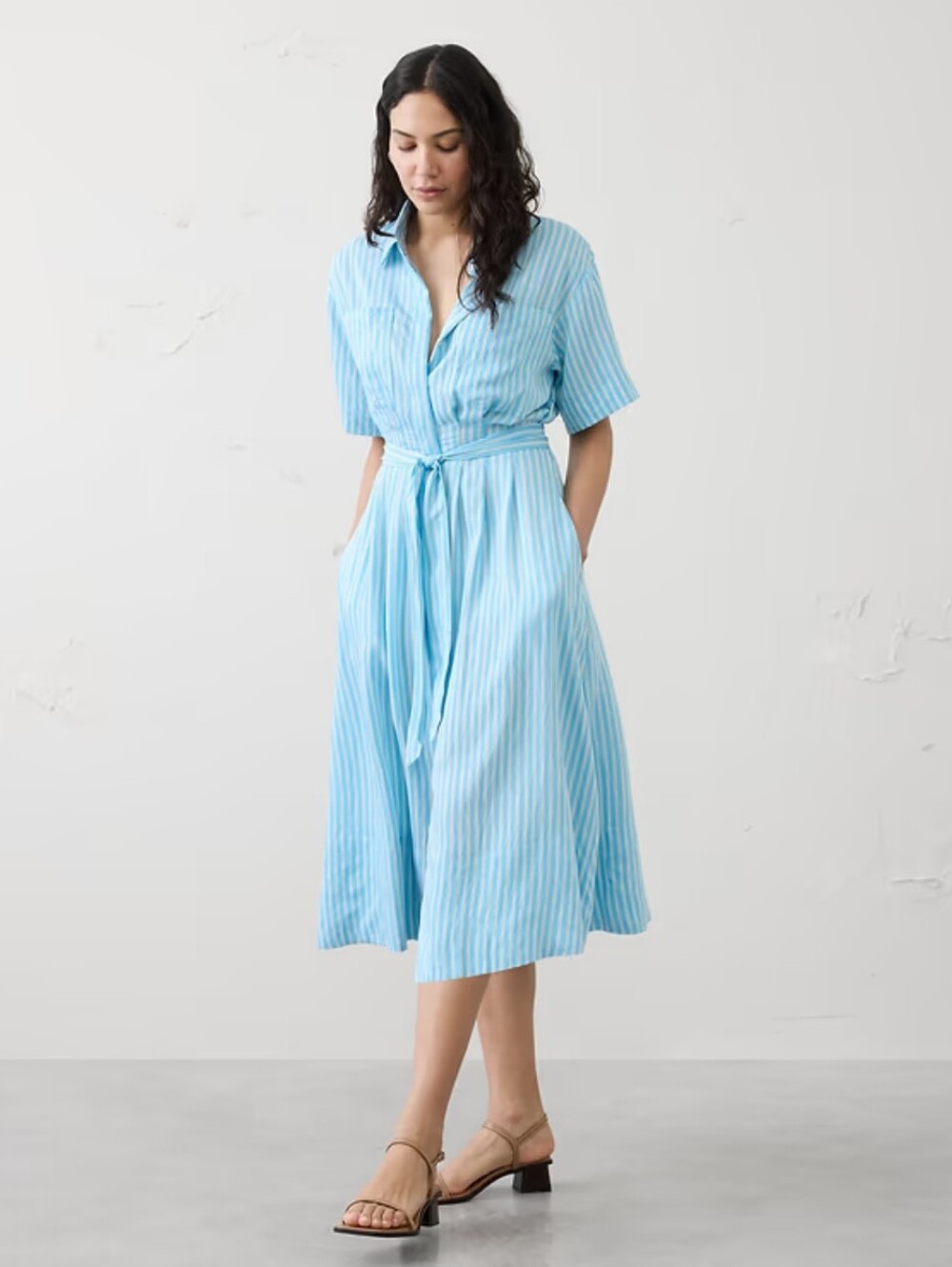 NWT Light Blue Stripe Pleated Midi Shirtdress